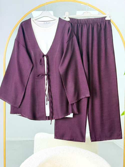 Bağlama Detaylı Kimono Takım Mor