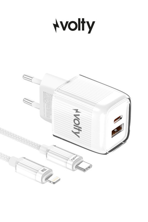 Hızlı Şarj Adaptörü 35W GaN + Lightning Kablo 30W PD | USB-C&USB-A, Tablet&Telefon (Beyaz-V0102017)