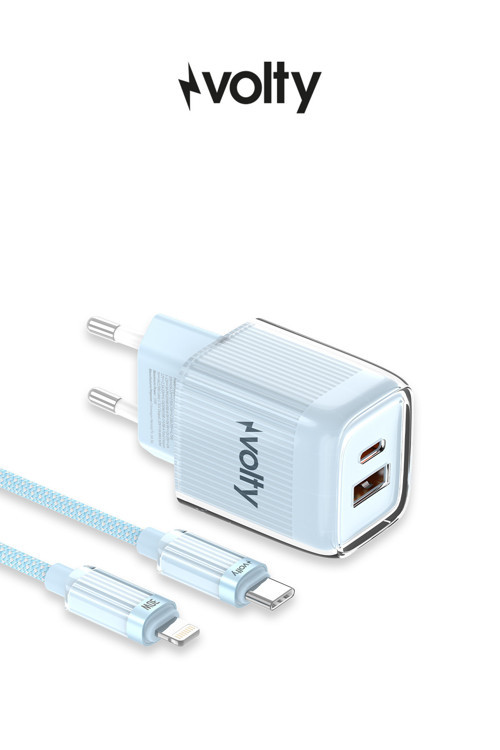 Hızlı Şarj Adaptörü 35W GaN + Lightning Kablo 30W PD | USB-C&USB-A, Tablet&Telefon (Mavi-V0102018)