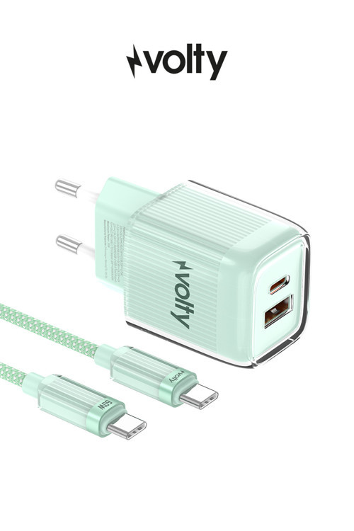 Hızlı Şarj Adaptörü 35W GaN + Type-C Kablo 60W PD | USB-C & USB-A, Laptop & Telefon (Yeşil-V0102022)