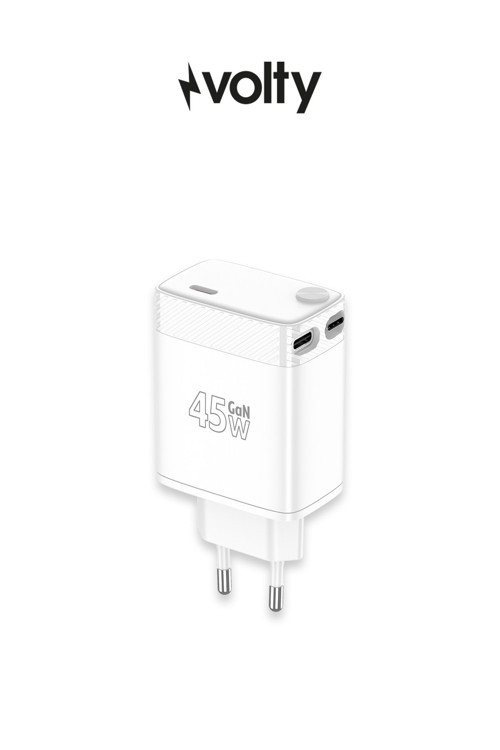 Hızlı Şarj Adaptörü | 45W PD GaN, Geri Çekilebilir USB-C Kablolu, 2 Port, Laptop Uyumlu (V0102023)
