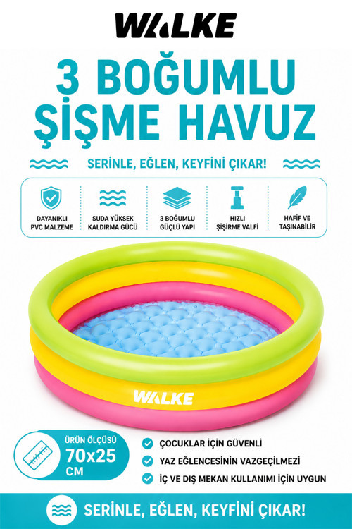 70 x 25 cm 3 Boğumlu Şişme Çocuk Havuzu Dayanıklı Mini Oyun Havuzu 14104