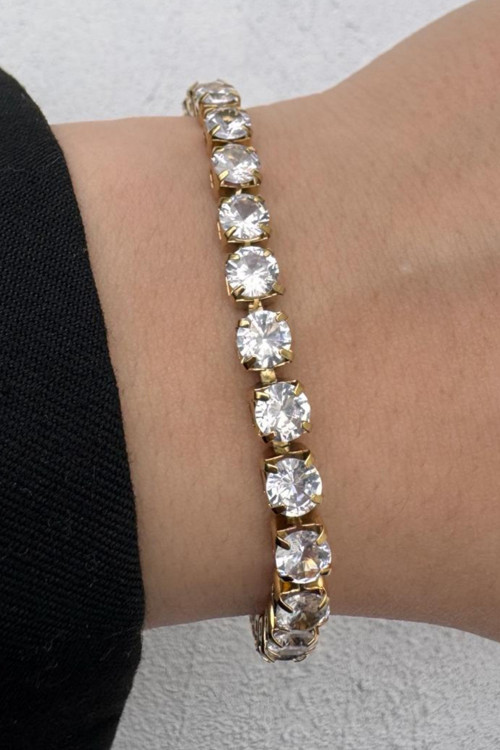 Kararmaz Renk Atmaz 4mm Zirkon Taşlı Gold Kaplama Kadın Çelik Su Yolu Bileklik