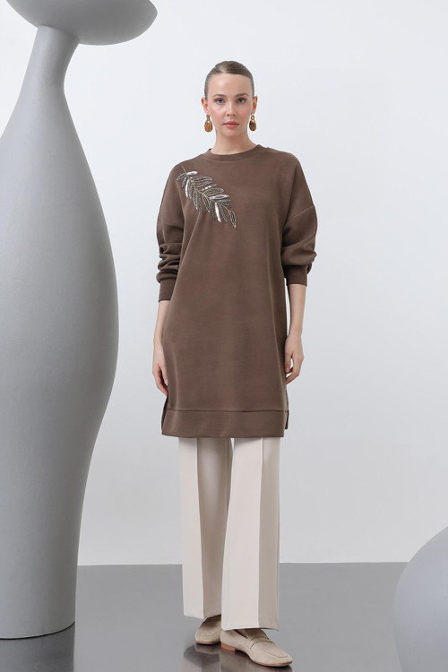 Kadın Omuzu Nakış işlemeli Tunik - 10629TNK - BROWN