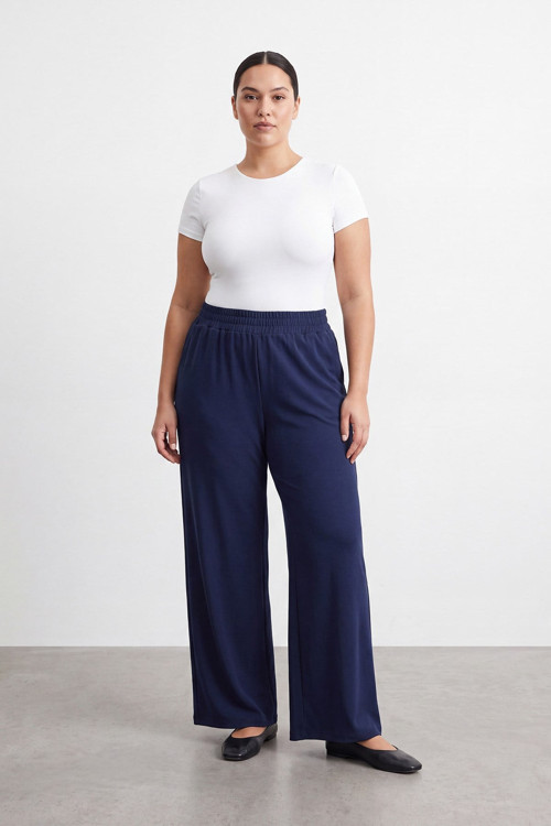Büyük Beden Beli Lastikli Bol Paça Pantolon -19285PNT - Lacivert