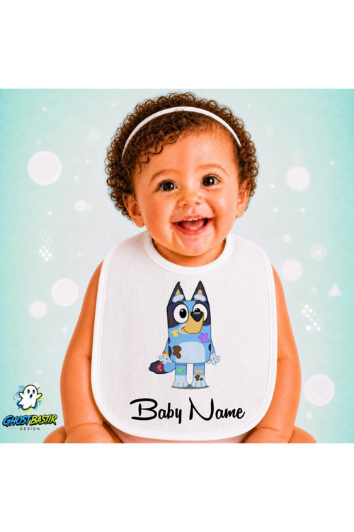 Kişiye Özel Bluey Keten Bebek Mama Önlüğü – Yumuşak, Emici, Yıkanabilir, Özel Tasarım P078