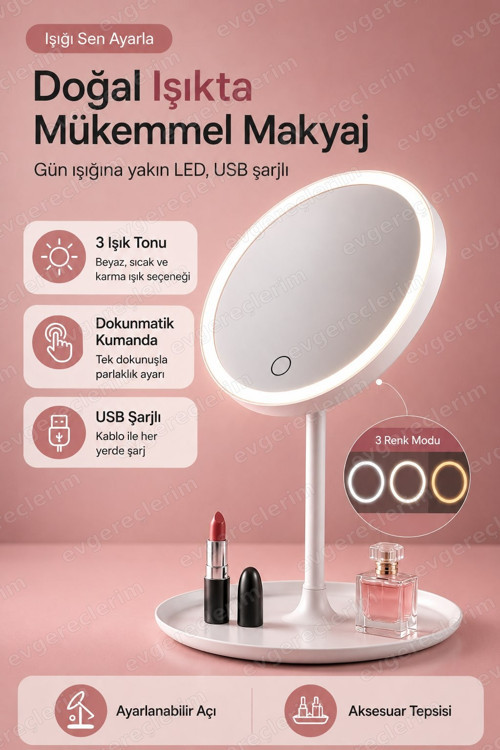 Dokunmatik Led Işıklı Masaüstü Makyaj Aynası Pilli