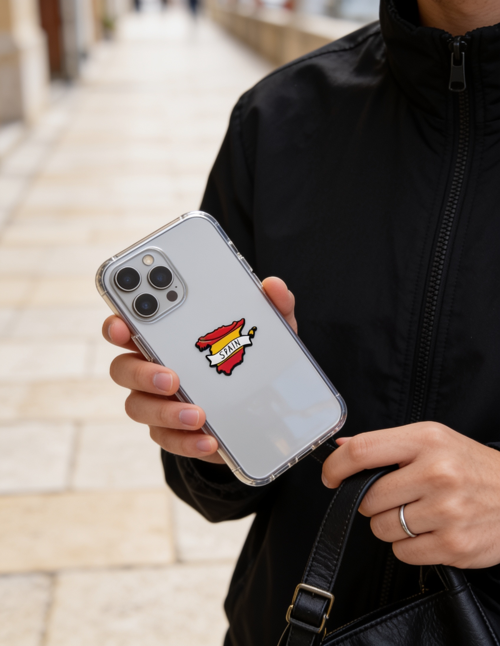 İspanya Bayraklı Haritası Telefon Sticker – 3D Metal Tasarım, Arka Süs A300145