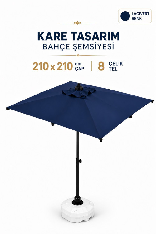 Alubrella 210x210 Lacivert Kare 8 çelik tel Bahçe Şemsiyesi BİDONLU