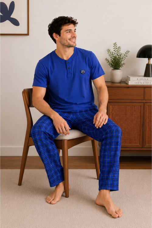 Erkek %100 Pamuk Kısa Kollu Düğmeli Yaka Pijama Takımı