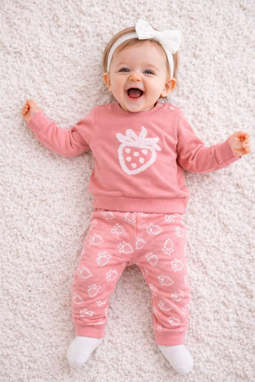 Kabartmalı Çilek Baskı Bebek Takım 6-18 Ay %100 Pamuk