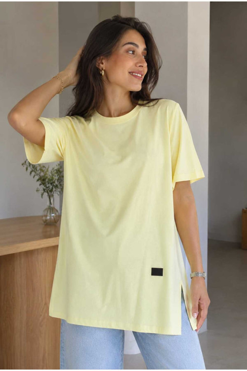 Kadın Basic Oversize Tişört Bisiklet Yaka Uzun Boy Yırtmaçlı Lazer Kesim %100 Pamuk
