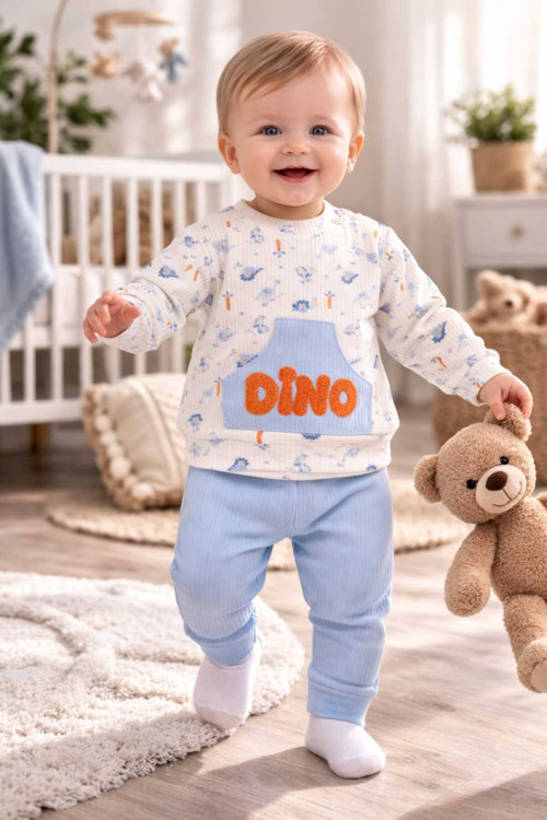 Dino Kabartma Baskılı Erkek Bebek Takım Cep Detaylı