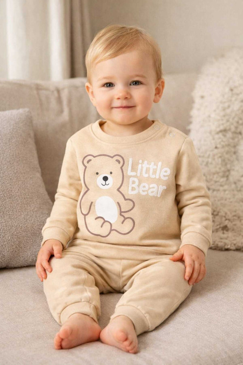 Unisex Bebek Bej Little Bear Baskılı %100 Pamuk 2’Li Üst Alt Takım