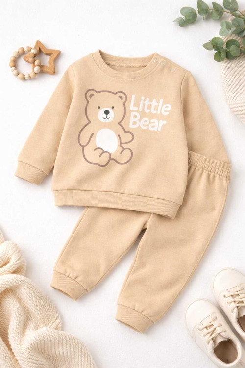 Unisex Bebek Bej Little Bear Baskılı %100 Pamuk 2’Li Üst Alt Takım
