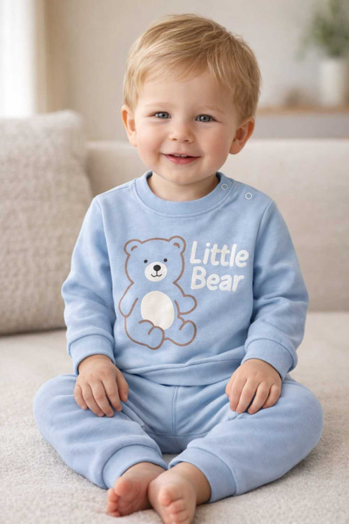 Unisex Bebek Mavi Little Bear Baskılı %100 Pamuk 2’Li Üst Alt Takım