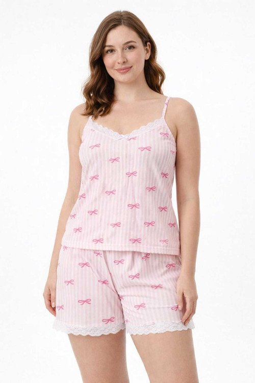 Kadın Pembe Çizgili Fiyonk Desenli İp Askılı Şortlu Pijama Takımı Dantel Detaylı