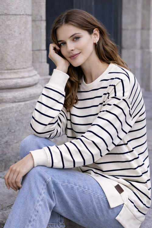 Oversize Geniş Kalıp Kadın Sweatshirt Bisiklet Yaka Basic Çizgili