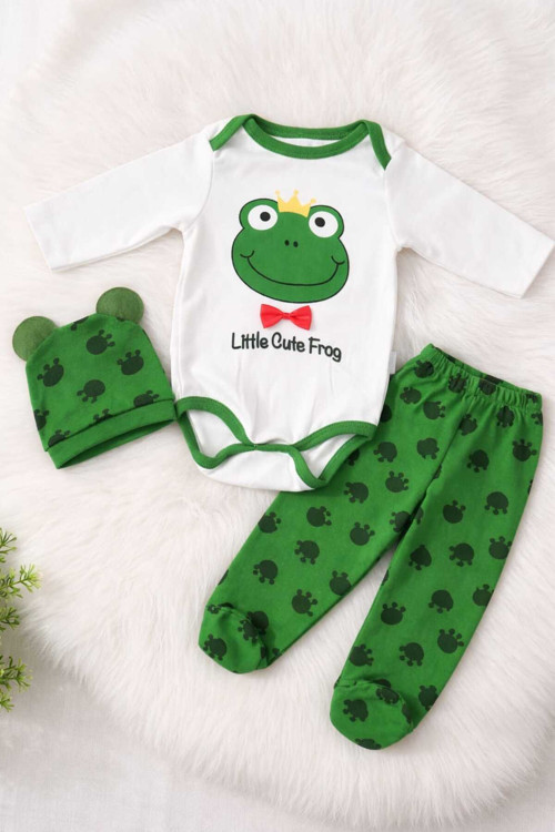 Kurbağa Desenli Erkek Bebek 3’Lü Takım – Uzun Kollu Çıtçıtlı Body, Patikli Pantolon Ve Şapka Set