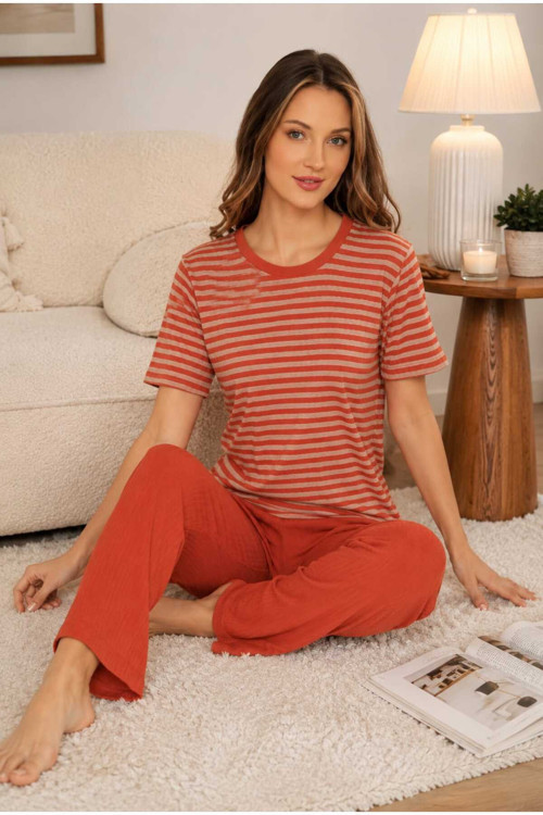 Kadın Pijama Takımı Kısa Kollu %100 Pamuk Turuncu Çizgili