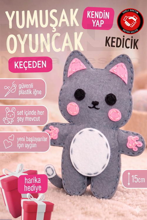Kendin Yap Kedi Figürlü Keçe Dikiş Seti - Eğitici Çocuk El İşi Aktivite Kiti