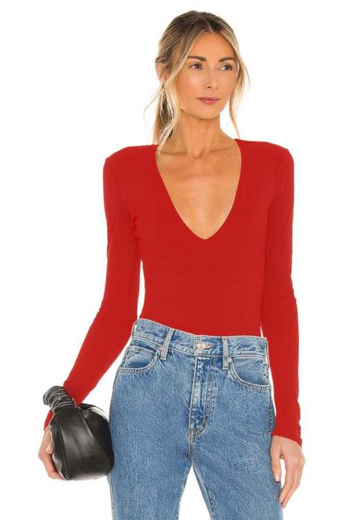 Kadın Kırmızı Derin Dekolte Ipek Jarse Bodysuit