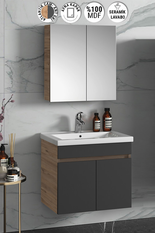Çiğdem 65 Cm Atlantik Çam-antrasit Gri Mat Mdf Seramik Lavabolu Asma Banyo Dolabı Takımı