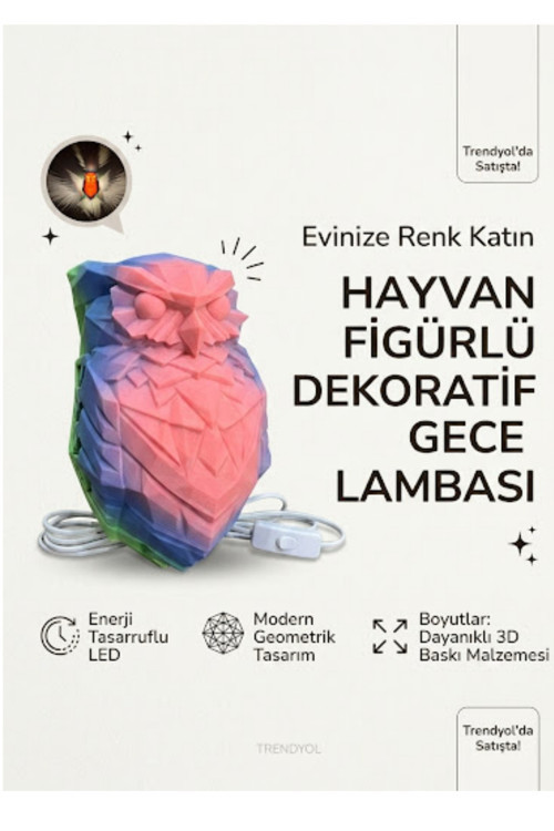 Geometrik Baykuş Figürlü Dekoratif Led Gece Lambası Duvar Apliki 3D Tasarım