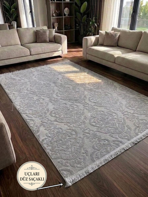 Rölyef Gri Joy Saçaklı Modern Yumuşak Dokulu Kabartmalı Kaymaz Taban Kesme Halı Yolluk