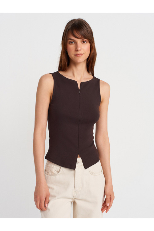 Kadın 31764 Fermuar Detaylı Bluz Koyu Kahve -101A31764