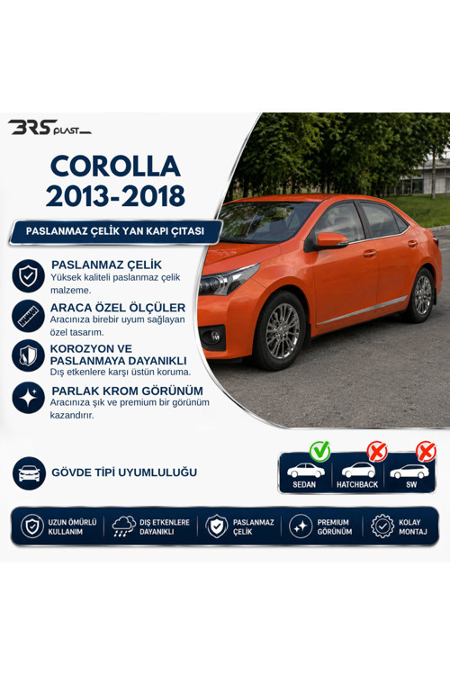 Toyota Corolla Uyumlu 2013-2019 Krom Yan Kapı Çıtası 4 Parça Paslanmaz Çelik