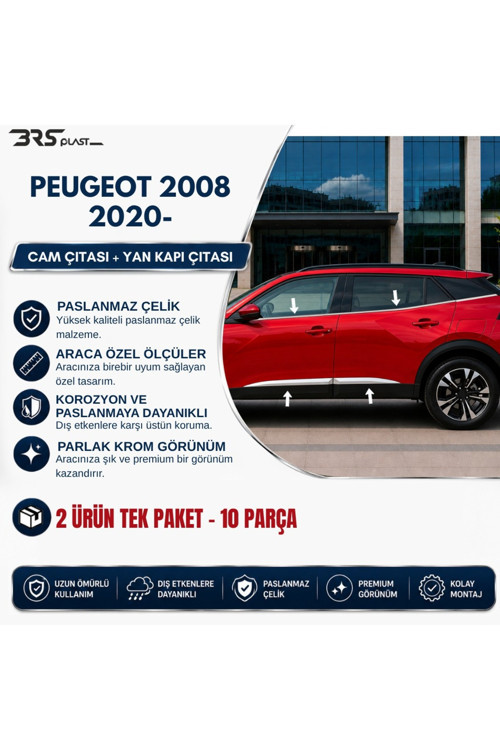 Peugeot 2008 Uyumlu 2020-2023 Yan Kapı Çıtası Ve Cam Çıtası Paslanmaz Çelik 10 Parça 2’Li Ürün Paketi
