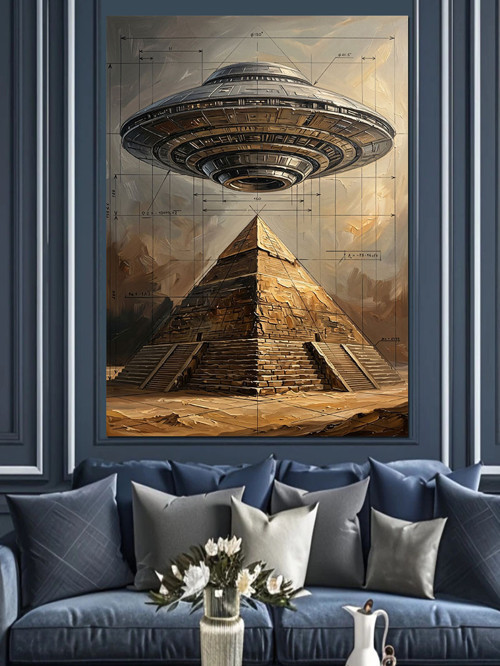 Piramit Üzerinde Ufo Tasarımı Dekoratif Kanvas - Mdf Ahşap Tablo