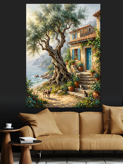 Zeytin Ağaçlı Akdeniz Evi Dekoratif Kanvas - Mdf Ahşap Tablo