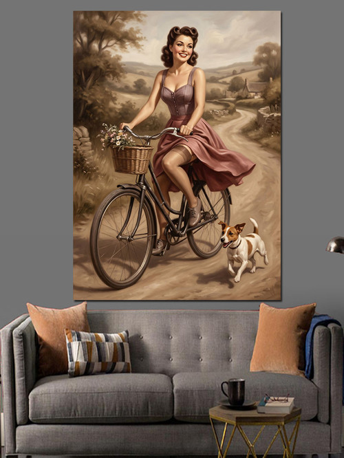Bisikletli Pin-Up Kız Köpek Dekoratif Kanvas - Mdf Ahşap Tablo