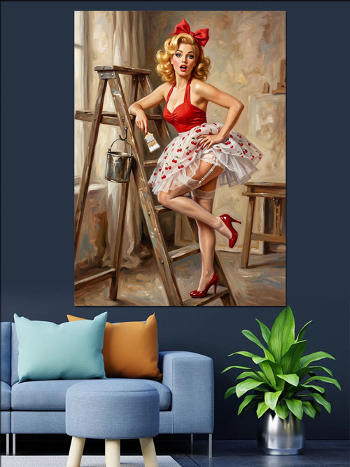 Merdivende Boyacı Pin-Up Kız Dekoratif Kanvas - Mdf Ahşap Tablo