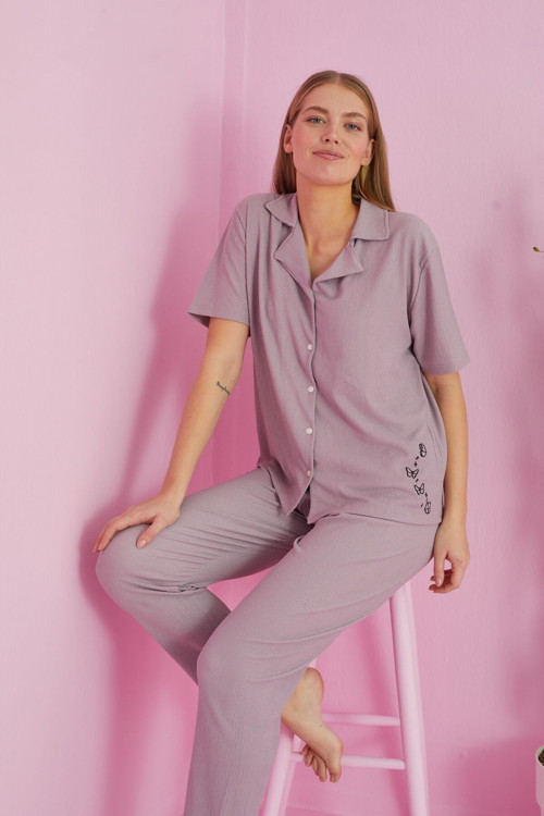 Krinkıl Kumaş Düğmeli Örme Pijama Takım
