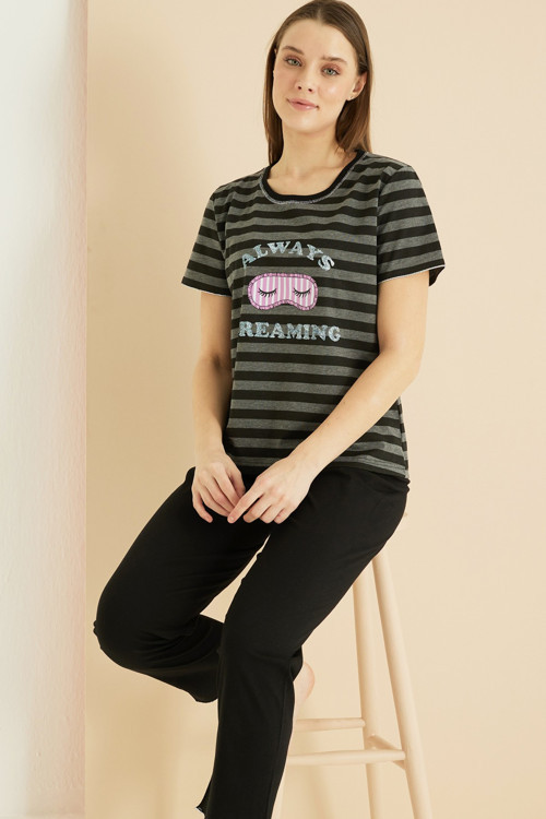 Pamuklu Bisiklet Yaka Örme Pijama Takım25103247