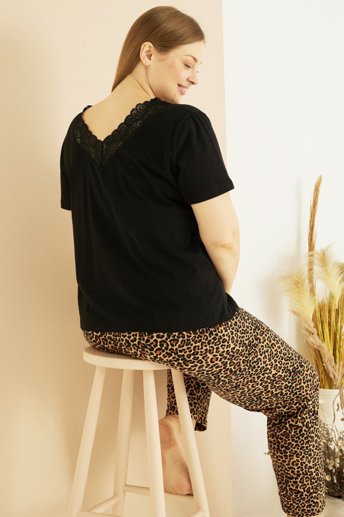 Curve Büyük Beden Battal Boy Arka Dantel Detaylı Pamuklu Pijama Takım25103742