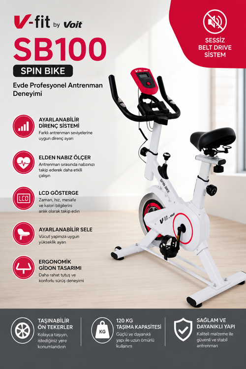 Sb100 Pro Beyaz Spin Bike Elden Nabız Ölçer Direnci Ayarlanabilir