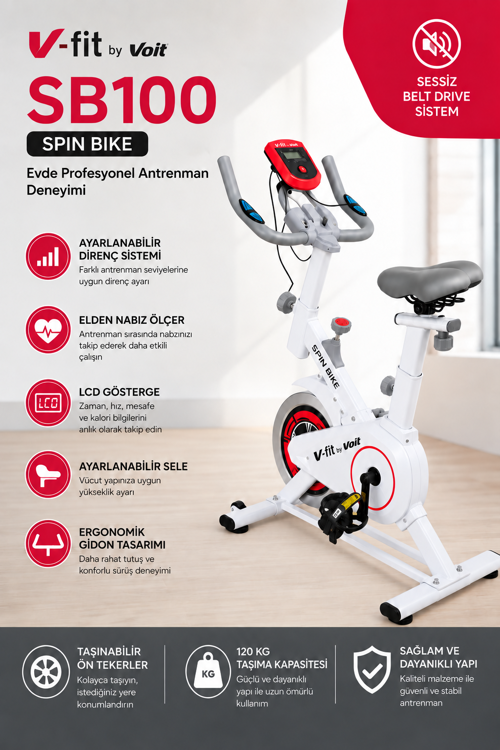 Sb100 Pro Beyaz Spin Bike Elden Nabız Ölçer Direnci Ayarlanabilir