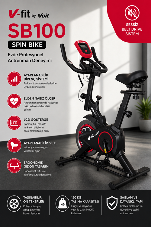 Voit Garantili Sb100 Pro Spin Bike Elden Nabız Ölçer Direnci Ayarlanabilir Sessiz Çalışır
