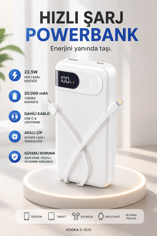 22.5W Hızlı Şarj 20.000 mAh Powerbank Dahili USB-C & Lightning Kablolu Dijital Göstergeli Taşınabilir Harici Batarya
