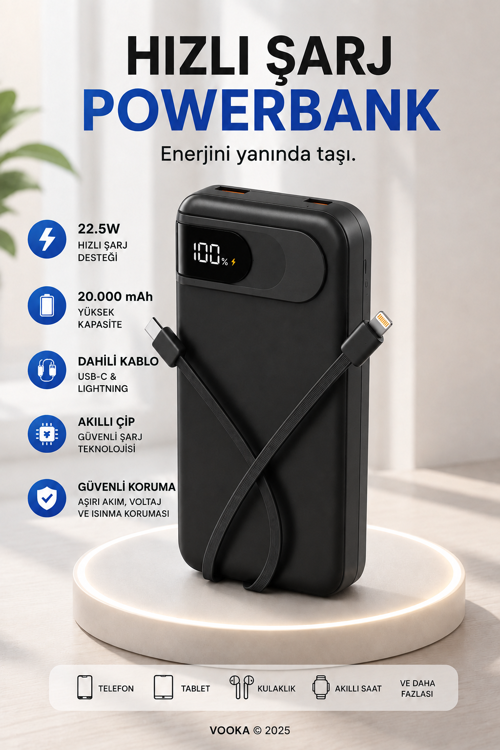 22.5W Hızlı Şarj 20.000 mAh Powerbank Dahili USB-C & Lightning Kablolu Dijital Göstergeli Taşınabilir Harici Batarya