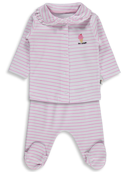 Çizgi Empirme 1-9 Ay Pijama Takımı - Beyaz