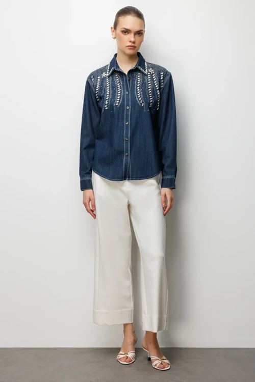 aş İşlemeli Denim Görünümlü Gömlek 2910