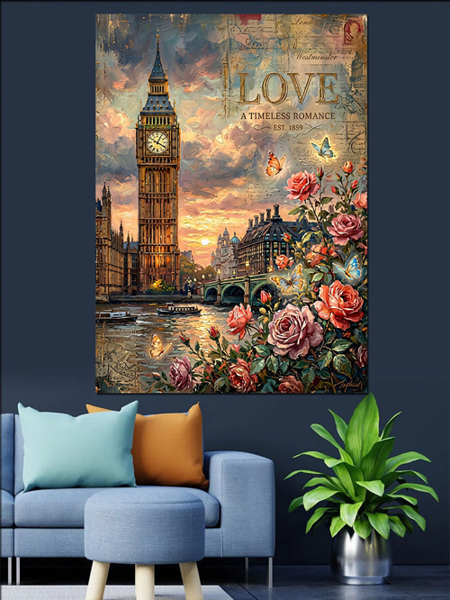 Çiçekli Londra Big Ben Dekoratif Kanvas - Mdf Ahşap Tablo