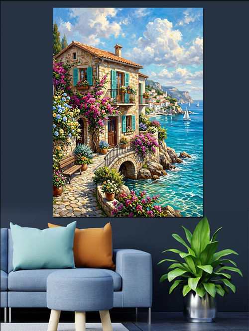 Çiçekli Köprü Ve Deniz Evi Dekoratif Kanvas - Mdf Ahşap Tablo