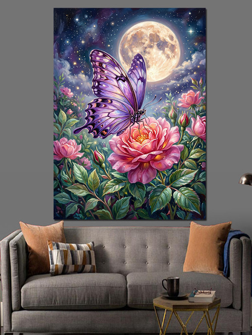 Dolunayda Mor Kelebek Ve Gül Dekoratif Kanvas - Mdf Ahşap Tablo