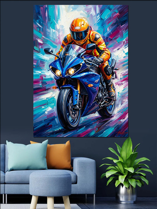 Mavi Spor Motosiklet Yarışı Dekoratif Kanvas - Mdf Ahşap Tablo